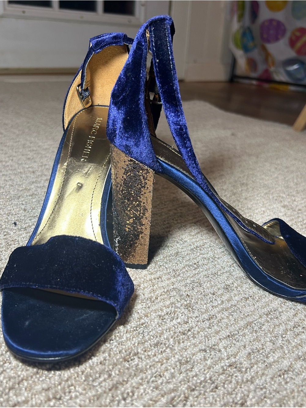 Marc Fisher Blue Velvet Block Heel Sandals with Gold Glitter Heel
